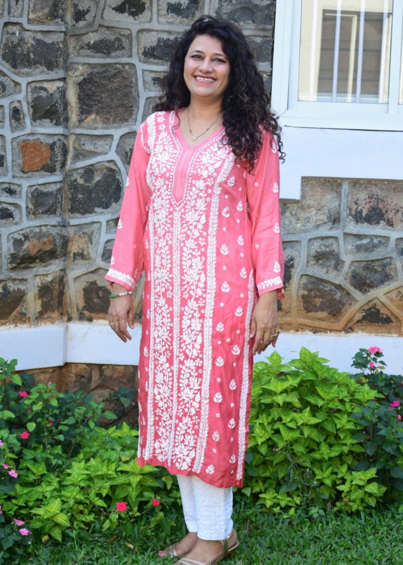 PEACH MUSLIN CHIKANKARI KURTA