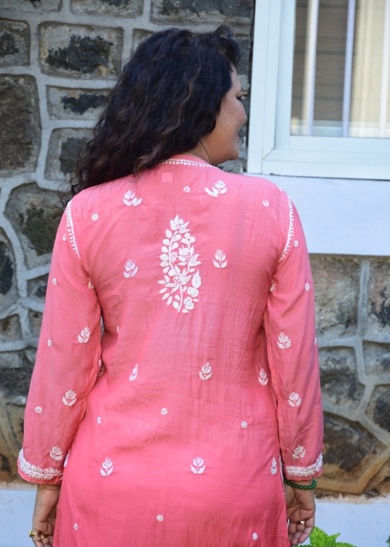 PEACH MUSLIN CHIKANKARI KURTA