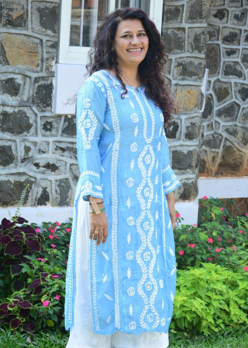 BLUE CHIKANAKARI MUSLIN KURTA
