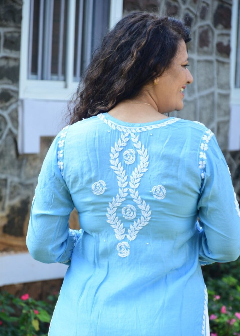 BLUE CHIKANAKARI MUSLIN KURTA