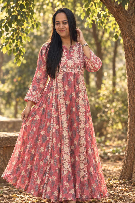 Chikankari Printed Dress - Pink