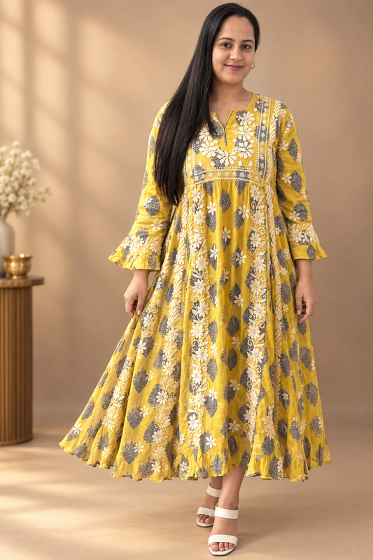 Chikankari Printed Dress - Yellow