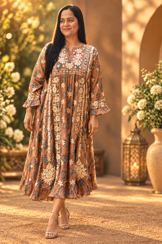 Chikankari Printed Dress - Brown