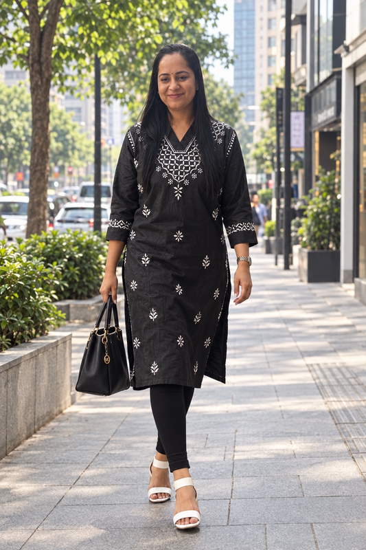 Semi Silk Lucknowi Kurta - Black